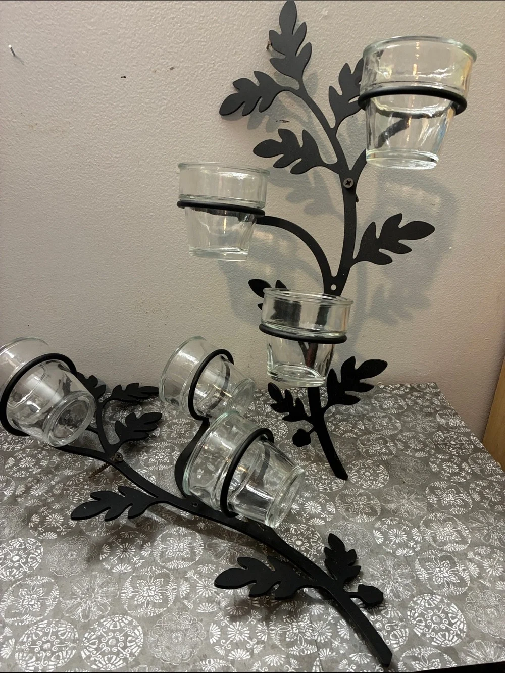 Black Leaf Metal Tealight Holder with Glass Votives -